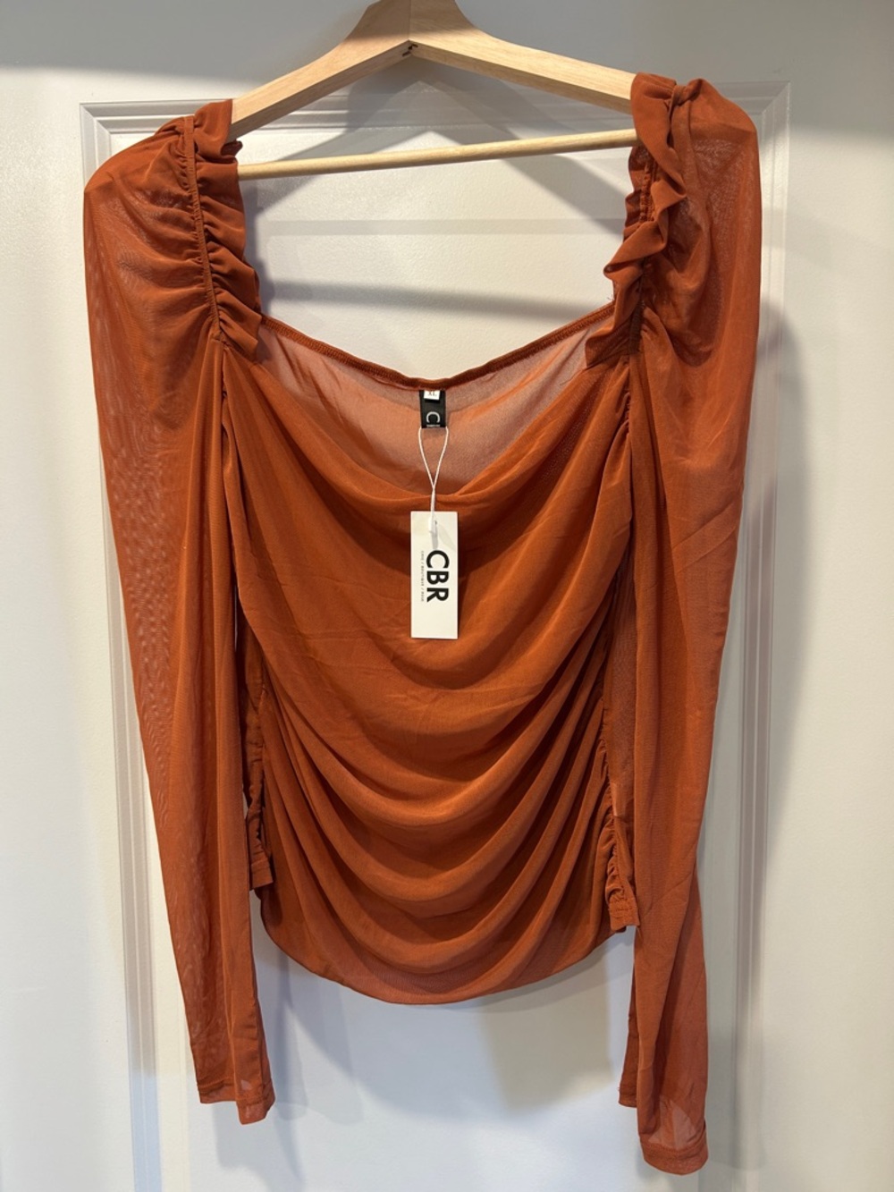 CBR Burnt Orange Ruched Draped Long-Sleeve Top